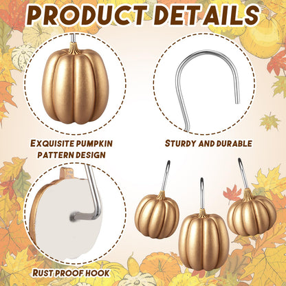 Weysat 12 Pcs Pumpkin Decorative Shower Curtain Hooks Fall Shower Curtain Rings Hanger Stainless Steel Resin Thanksgiving Bathroom Hook for Halloween Farmhouse Rustic Bathroom Decor(Gold,Pumpkin)