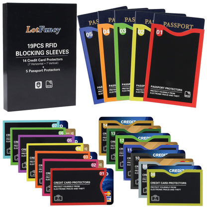 LotFancy RFID Blocking Sleeves, Set with Color Coding (19 Pack, 14 Credit Card Protectors and 5 Passport Holder Sleeves), Identity Theft Protection