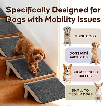 Dog Ramp for Stairs 4 Pack - Adjustable Wooden Stair Wedges for Small Dogs, Foldable Indoor Dog Stair Ramp and Non-Slip Pads for Senior and Short-Legged Pets