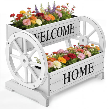 Ultym 2-Tier Wooden Wagon Planter Box, Extra Large Decorative Flower Cart with Wheels, Washed White Rustic Wood Planter with Drainage Holes & Non-Woven Liner, Raised Bed for Flowers Herbs Vegetables