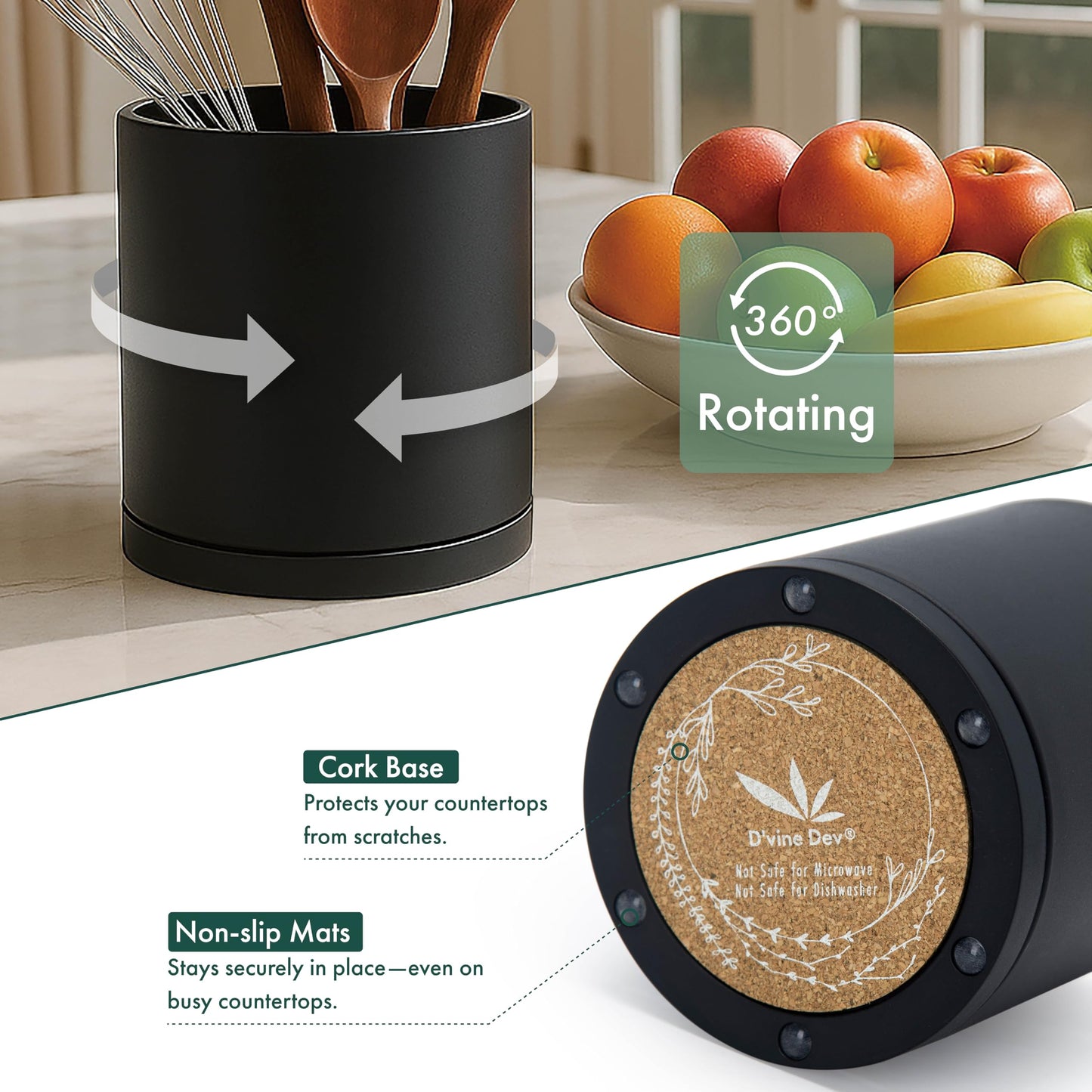 D'vine Dev 360° Rotating Utensil Holder Set – 7.2"+5" Kitchen Utensil Crocks for Countertop, Modern Cooking Tool Organizers for Kitchen Storage +Décor, Black, Set of 2, 72-Z-B-1