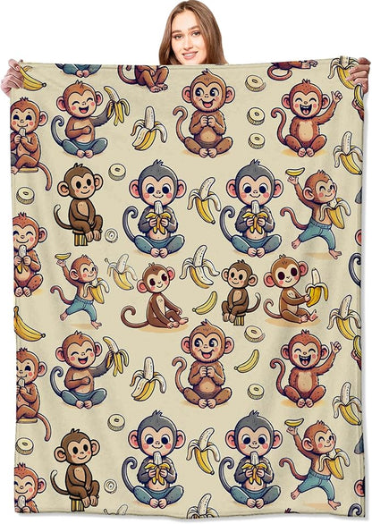 Monkey and Banana Blanket,Fun Cartoon Jungle Theme Throw Blankets,Birthday Gifts for Kids & Animal Lovers,Lightweight Soft Fleece,for Picnic Sofa Couch Bed Room Travel,Modern Decor,50x60in