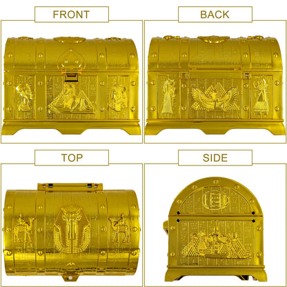Egyptian Treasure Chest For Kids - Golden Decorative Pirate Treasure Box With Lock and Key For Kids Prizes, Theme Party, Birthday, Halloween, Christmas Pirate Party Favors