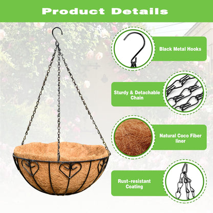 ZVOWOS 2 Pack 12 Inch Black Metal Hanging Basket Hanging Planter with Coco Coir Liner Heavy Duty Hanging Flower Pot Holder for Indoor Outdoor Patio Garden Porch Balcony Decor (Heart-Shaped)