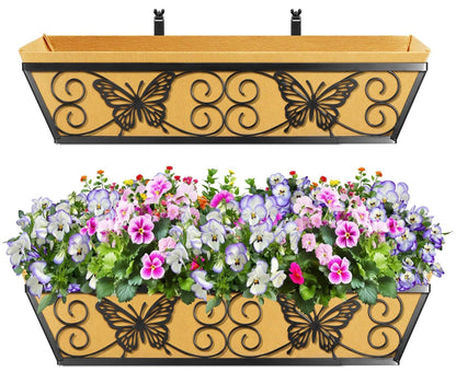 Karlliu 2 Pack 24 Inch Window Boxes Planters Railing Planter Box with Adjustable Brackets for Porch Fence Patio Balcony Hanging Flower Baskets with Woven Fabric for Outdoor Garden Decor - Black