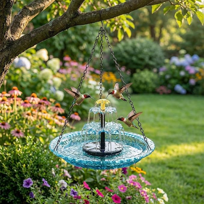 Solar Cascade Hanging Bird Bath Fountain, 2026 Upgraded Hanging Bird Bath with Flowing Water for Outdoors Garden Patio Backyard Lawn Decor (Blue)