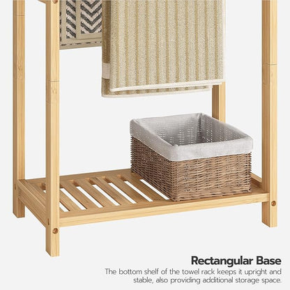 HOOBRO Freestanding Towel Rack for Bathroom, 2 Tier Decorative Bamboo Blanket Rack, Quilt Display Stand with Storage Shelf, 16.5" L x 9.4" W x 30.5" H, Bedroom, Living Room, Natural Color YL02LB01