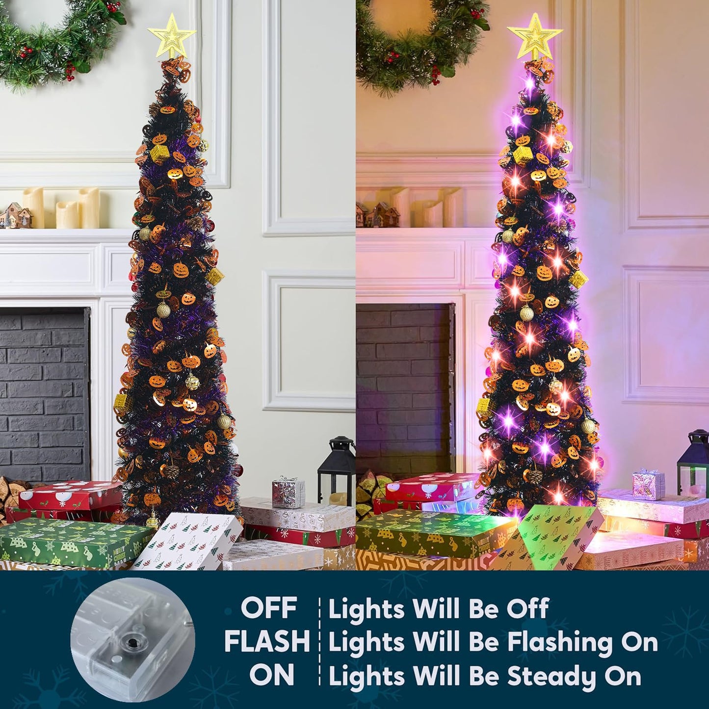 Halloween Tree Decorations with 100LED Lights 5FT Pop Up Tree with Hanging Pumpkin＆12 Pcs Ornaments, Tinsel Collapsible Artificial Pencil Tree Holiday Decoration for Home, Black Purple