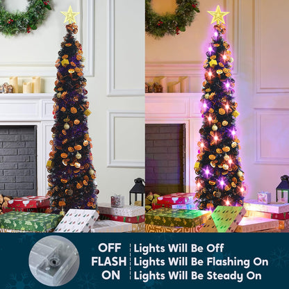 Halloween Tree Decorations with 100LED Lights 5FT Pop Up Tree with Hanging Pumpkin＆12 Pcs Ornaments, Tinsel Collapsible Artificial Pencil Tree Holiday Decoration for Home, Black Purple