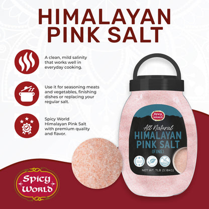 Himalayan Pink Salt Fine Grain 7 LB Jar - Pure & Natural, Mineral-Rich, For Cooking, Seasoning, Baking, Table Use - By Spicy World