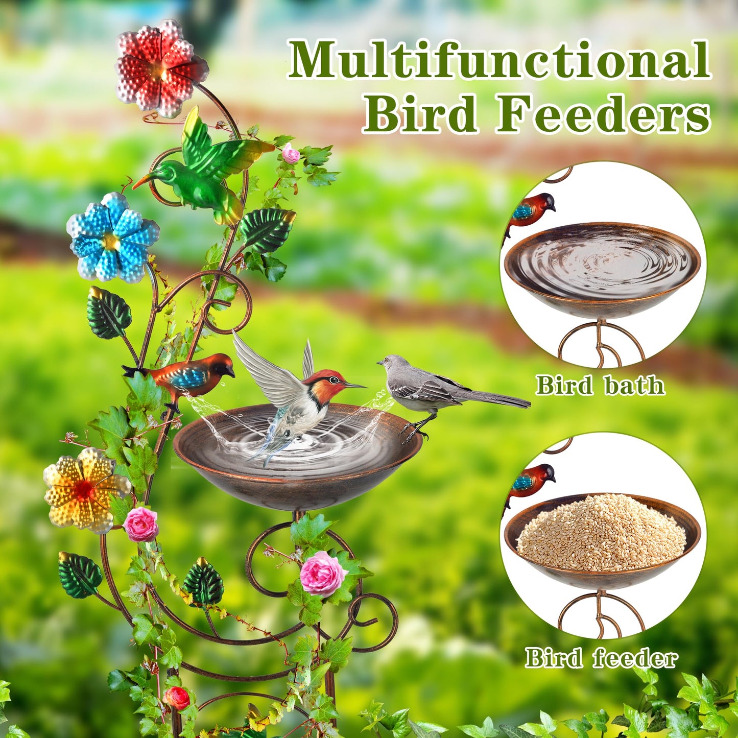 YADOOLIFE 57” Bird Bath with Garden Trellis for Climbing Plants Outdoor, Small Decorative Trellises Metal Birdbath Bird Baths, 1 Piece (Hummingbird)