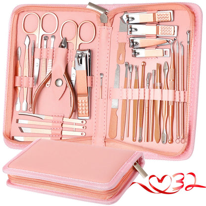 Manicure Set Pedicure Kit Womens Nail Clippers Set 32 in 1 Professional Grooming Care Tools Nail Kit Including Facial, Fingernails and Toenails Care with Travel Case Women (Rose Pink_32 in 1)