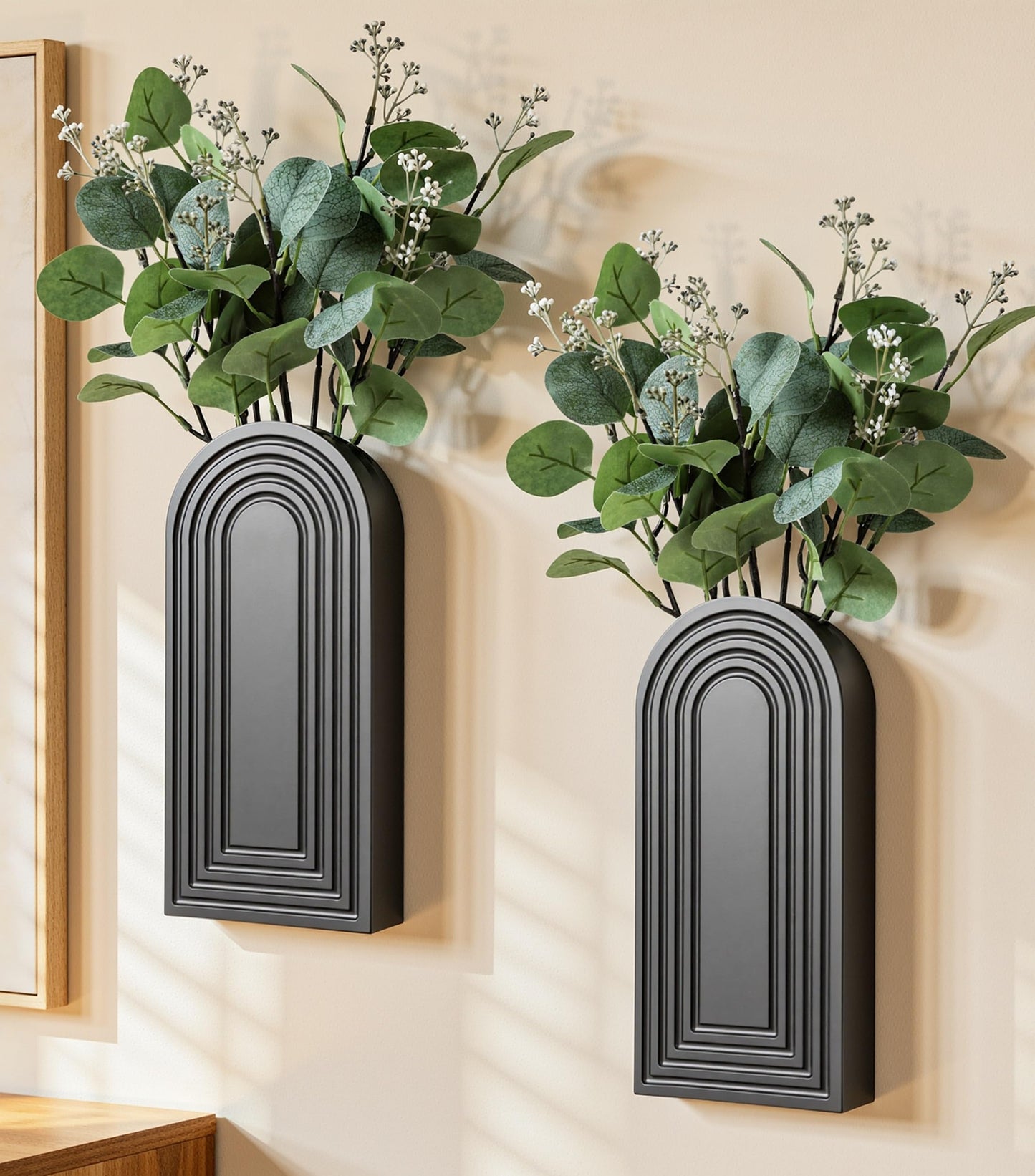 DREAMLOOM 2 Pack Wooden Wall Vases with Fake Plants, Wall Hanging Planters Boho Modern Farmhouse Indoor for Narrow Spaces Entryway Bathroom Home Office Decoration, Black