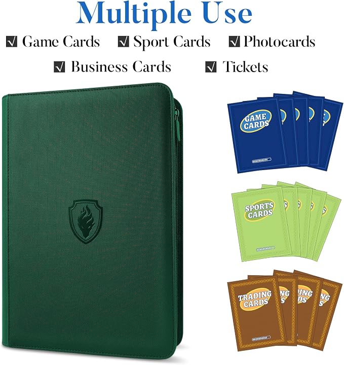 Premium Zip Card Binder, Fabmaker 9 Pocket Trading Card Binder, PU Cover Zipper Card Collection Album, Sturdy 360 Side-Loading Card Folder Holder for Game & Sports Cards, Dark Green