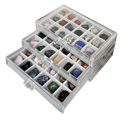 HEMYLU Acrylic Rock Collection Display Case for Kids, Crystals Displaying Box with 3 Drawers & 54 Grids and Gem Knowledge Handbook, Gemstone Organizer Showcase for Gem Enthusiasts