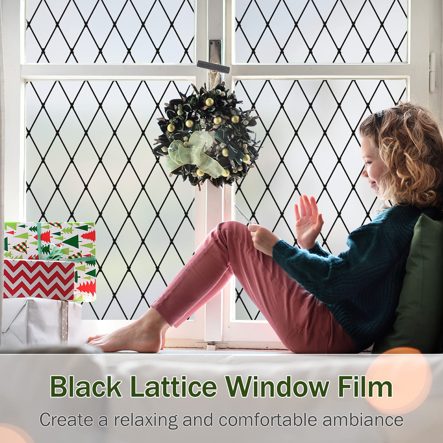 VELIMAX Frosted Black Lattice Window Film Static Cling Window Privacy Films Decorative Glass Vinyl Film for Windows Removable Sun Blocking Anti-UV 17.7x157.4 inches