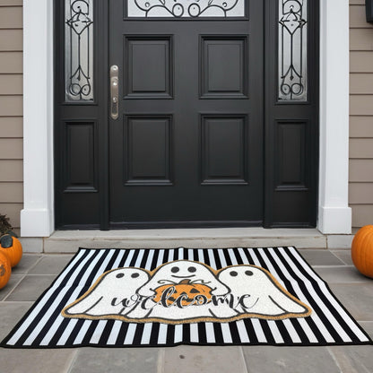 2 Pcs Halloween Welcome Door Mats, Ghost Outdoor Polypropylene Coir Mat with White Ghosts & Pumpkin, Black White Stripe Crystal Velvet Non-Slip Rug for Front Porch Entryway