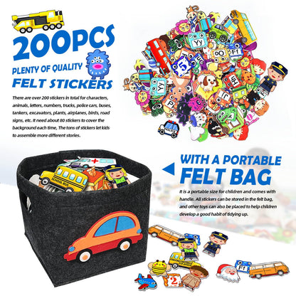 200 PCS Felt Board Story Set for Toddlers with Storage Bag City Traffic Themed Flannel Sensory Board Wall Interactive Storytelling Teaching Play Activity Kits 40x28 inch(Lightgrey)