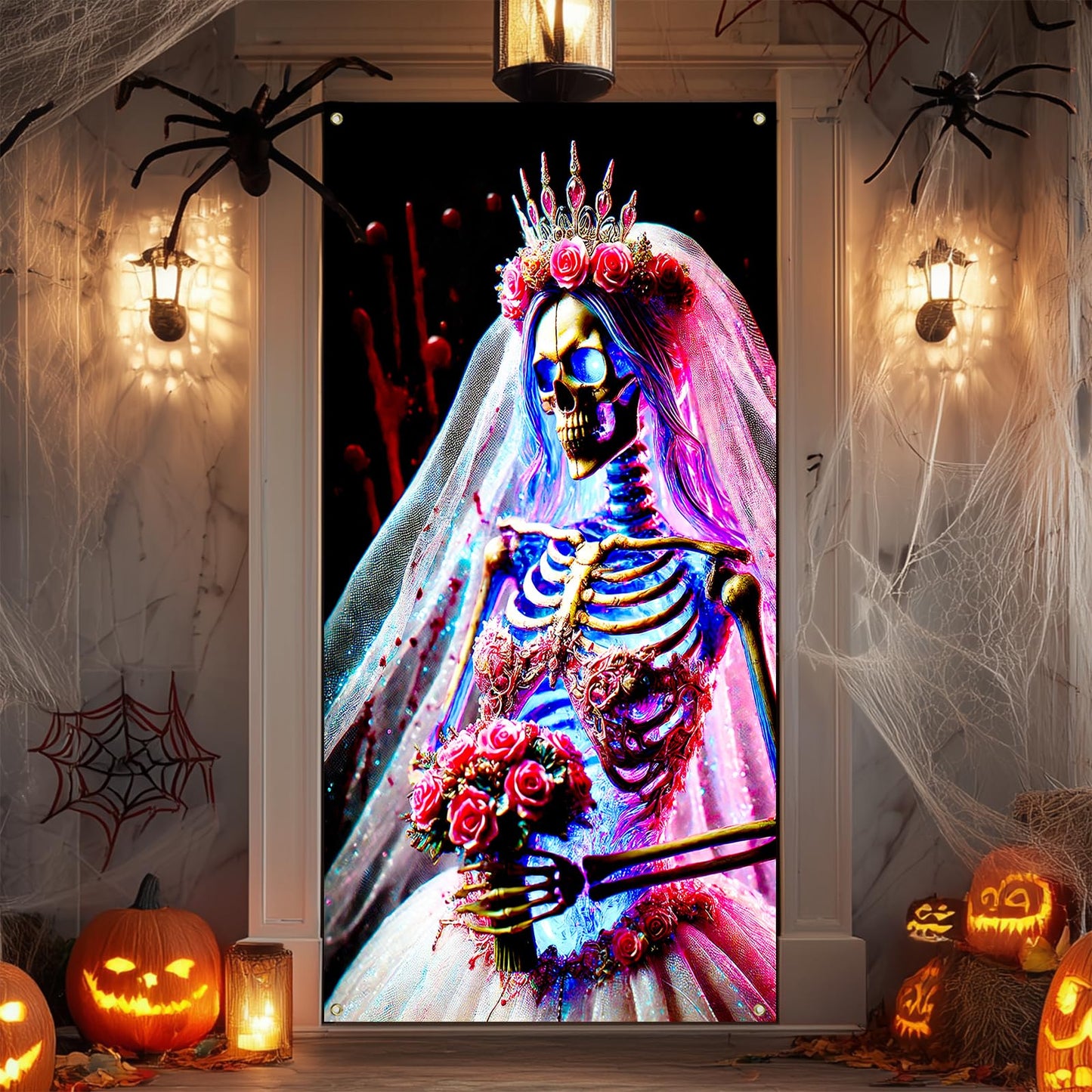IVN Gothic Bride Skeleton Door Cover 35x71 Inch Dark Wedding Skull Crown Veil Rose Flowers Horror Blood Splatter Backdrop Halloween Front Door Decor Creepy Bridal Banner Scary Party Decoration