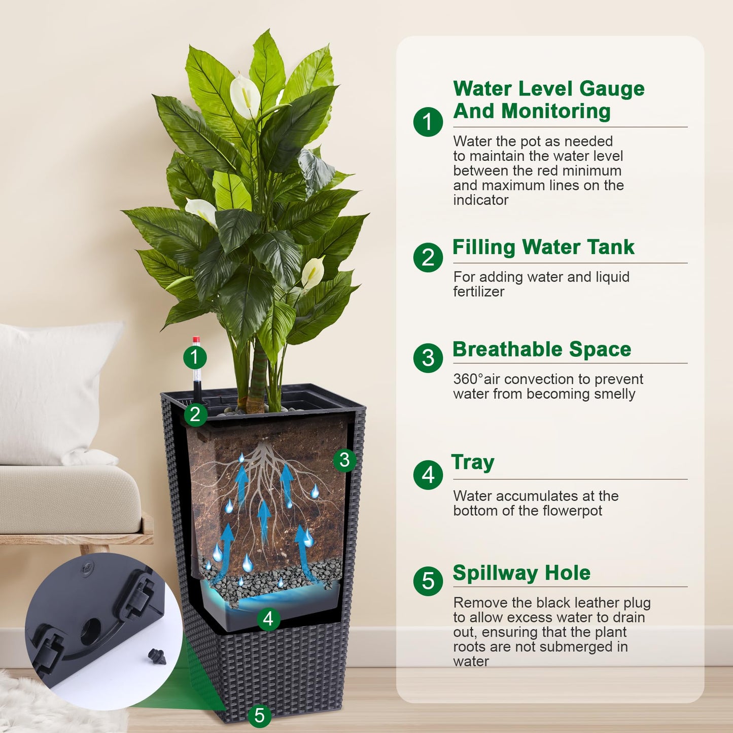 GarveeLife 22.5 in Tall Planter Set of 2 Large Rattan Flower Pot with 2 Trays & a Water Level Monitor & Wheels Outdoor and Indoor for Patio, Porch, Living Room, or Home Office, Black