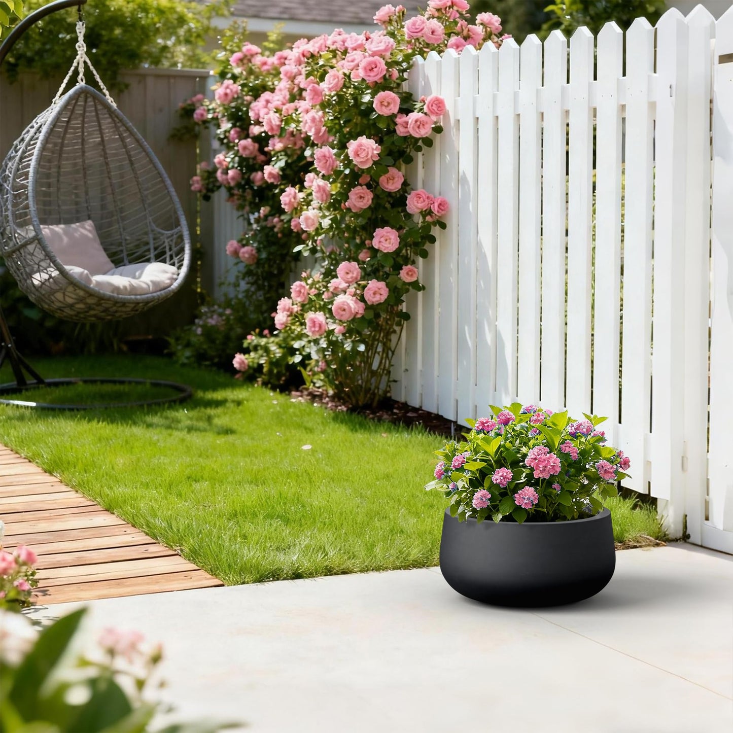 Kante 15.7" Dia Round Concrete Planter, Outdoor Indoor Garden Plant Pots with Drainage Hole and Rubber Plug, Modern Curvaceous Design, Black