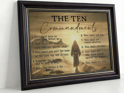 Dark Brown Framed The Ten Commandments Canvas Wall Art Jesus Christ Wall Decor Picture Christian Inspirational Quotes Poster Print Painting for Church Living Room Bedroom Home Decoration