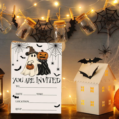JarThenaAMCS 25 Sets Halloween Party Invitations with Envelopes Stickers Beige Black Pumpkin Ghost Bat Invites for Halloween Celebration, 5 x 7 Inch