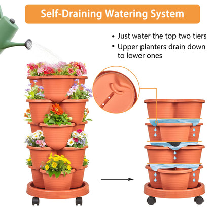 VECELO 5 Tier Vertical Garden Planter, Self Watering Stackable Planters with Wheels for Strawberries, Herbs, Flowers, Vegetables, Red