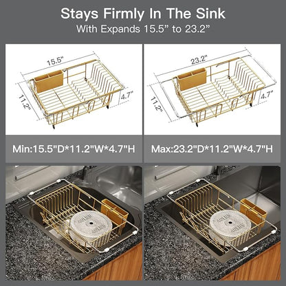 MAJALiS Gold Dish Drying Rack Over Sink with Utensil Holder, Drainboard | Expandable Stainless Steel Dish Drainer for Small Kitchen, Apartment, RV, Counter Space Saving, Perfect Fit, Rustproof