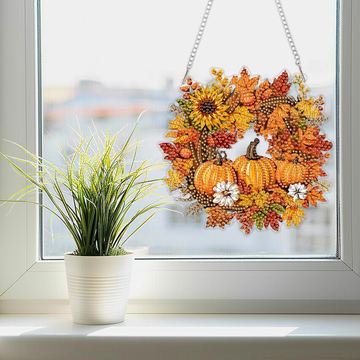 SENQAO Halloween Diamond Art Hanging Kits for Adults Beginners, DIY Acrylic 5D Special Shaped Crystal Diamond Gem Art Painting Hanging Ornament for Home Wall Decor and Gift（Fall Pumpkin Wreath）