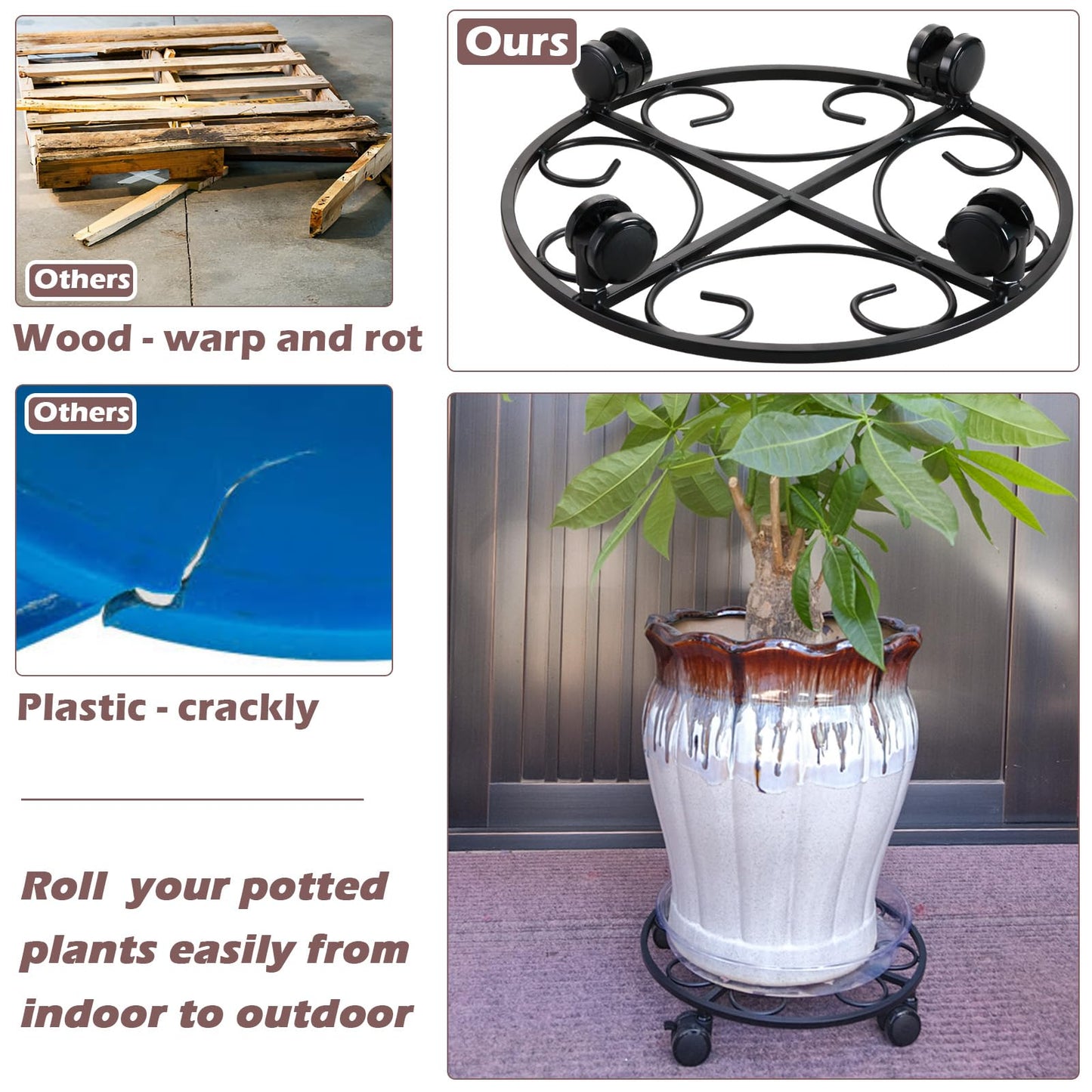 6-pack 15.8 inches Extra-large Metal Plant Caddy with Wheels Rolling Plant Stands Wheeled Plant Dolly Coasters Heavy-duty Pot Mover Roller Base Indoor Outdoor Garden Planter Trolley Cart, Black
