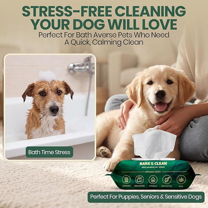 Bark & Clean Bamboo Dog Wipes for Cleaning & Deodorizing - 8.5" x 9" 110 Compostable Hypoallergenic Pet Wipes for Dogs - Paws, Butt & Body - Puppy Face, Ear & Eye Cloths - Pet Supplies