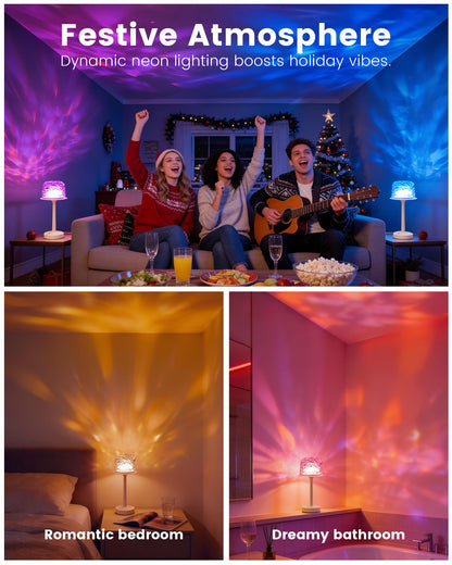 Waterproof Bathroom Shower Lamp with Ocean Wave Projector, 2-in-1 Table Night Light, 16 RGB Colors, 3 White Modes, 5000mAh Rechargeable USB-C Lamp with Touch & Remote for Spa Shower, Bedroom, Gifts