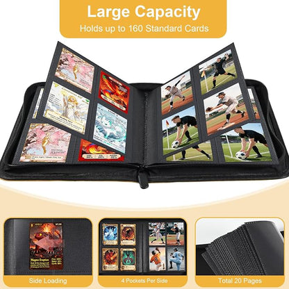 BYSTER 4 Pocket Card Binder, Premium PU Trading Card Binder with Zipper, 160 Capacity Side-Loading Binder for TCG, MTG, Sports Cards, Game Cards, Yellow