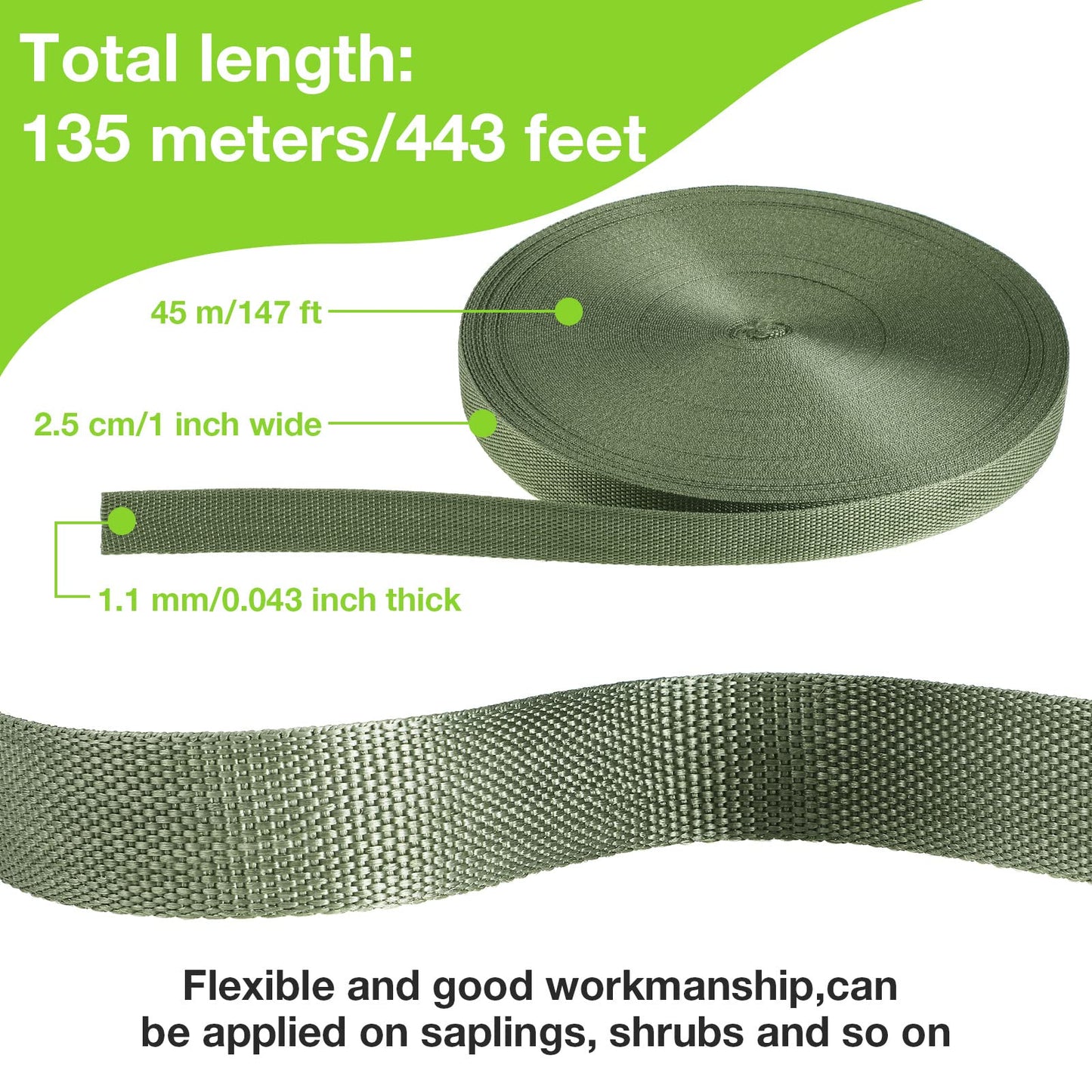 Shappy Tree Tie Strap Garden Webbing Strap Garden Plant Supports Tree Tie Staking and Guying for Outdoor Use, Plant Supports, Grafting, Straightening Supplies(Yellow Green,443 Feet x 1 Inch)