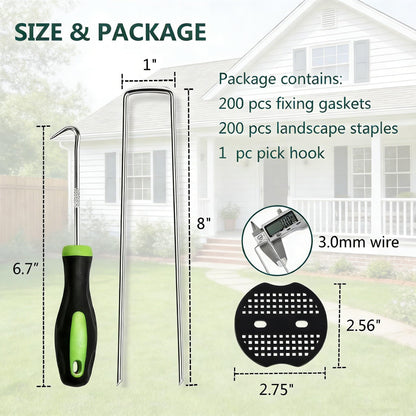 8 Inch 200 PCS Galvanized Landscape Staples with 200 PCS Gasket, Landscaping Fabric Stakes Weed Barrier Stakes Garden Spikes Ground Cover Staples