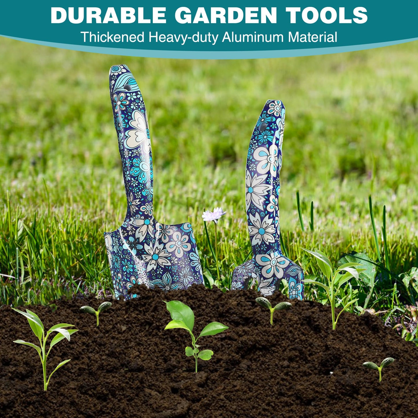 WORKPRO Aluminum Garden Tool Set, 4PCS Heavy Duty Hand Garden Tools with Box Include Trowel, Rake, Pruner, Garden Gloves, Blue Floral, Garden Gifts