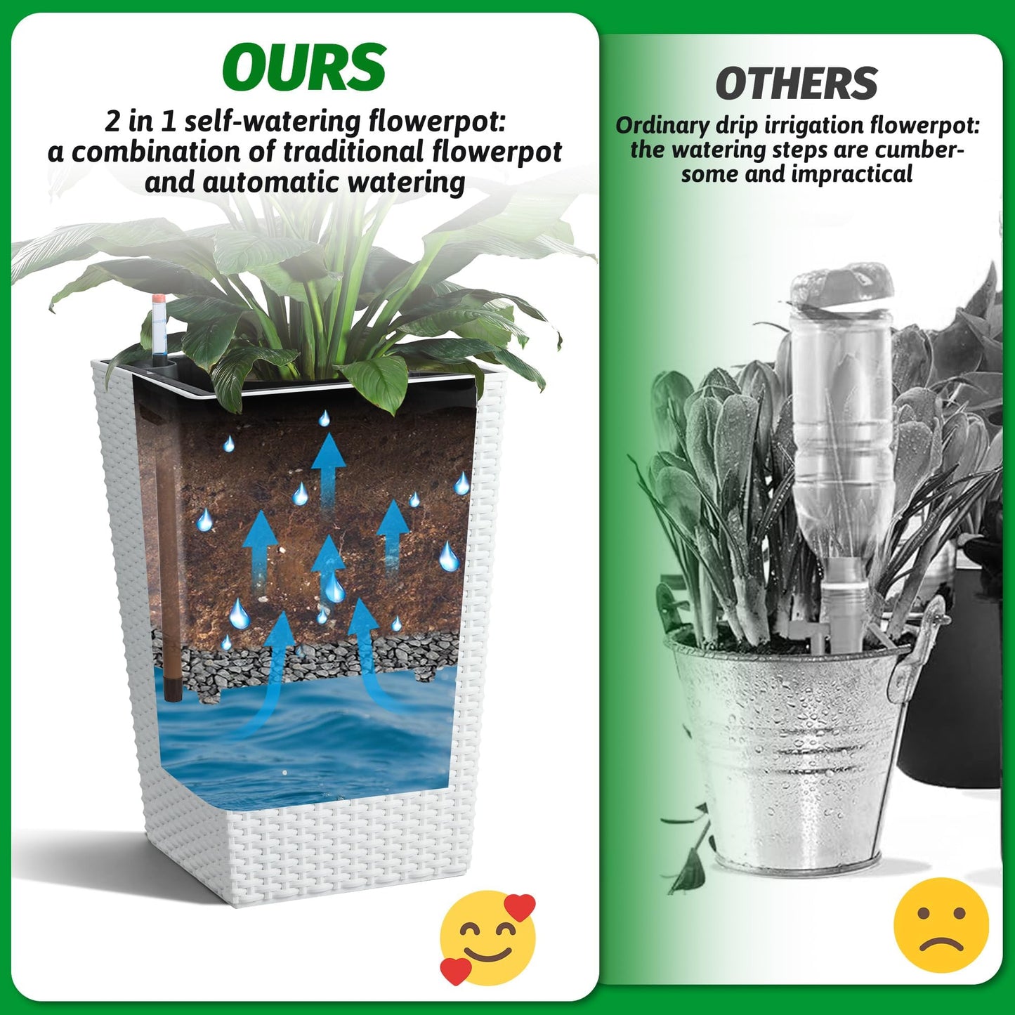 MilleLoom Set of 2 Tall 16-Inch Self-Watering Rattan Planters for Indoor & Outdoor – Large White Flower Pots with Drainage, Water Level Indicator & Trays, Modern Patio and Home Décor