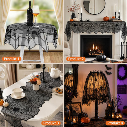 8Pack Halloween Decorations Indoor Halloween Decor, Spider Web Table Cloth/Black Lace Table Runner, Fireplace Mantel Scarf, Cobweb Lampshade with 3D Bat Wall Stickers, Halloween Spooky Home Decor.