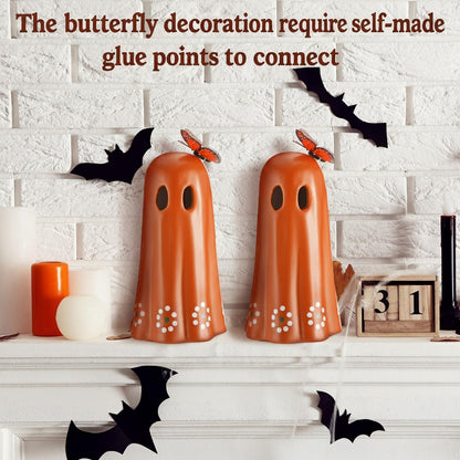 SiliFine 2 Pcs Day of The Dead Ceramic Mexican Ghost Figurine Dia De Los Muertos Terracotta Ghost Decor with Simulated Butterfly Decoration Mexican Halloween Table Decor for Home Shelf Office, 7 Inch