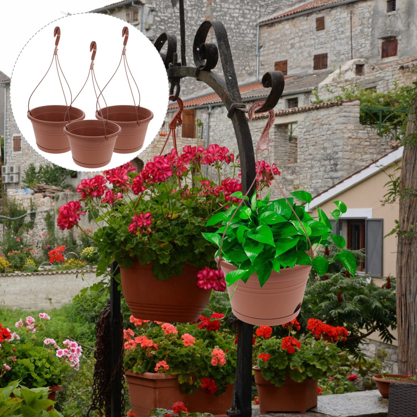 GANAZONO 3pcs Hanging Planters Durable Plastic Hanging Flower Pots with Hooks for Home Balcony Garden Decor