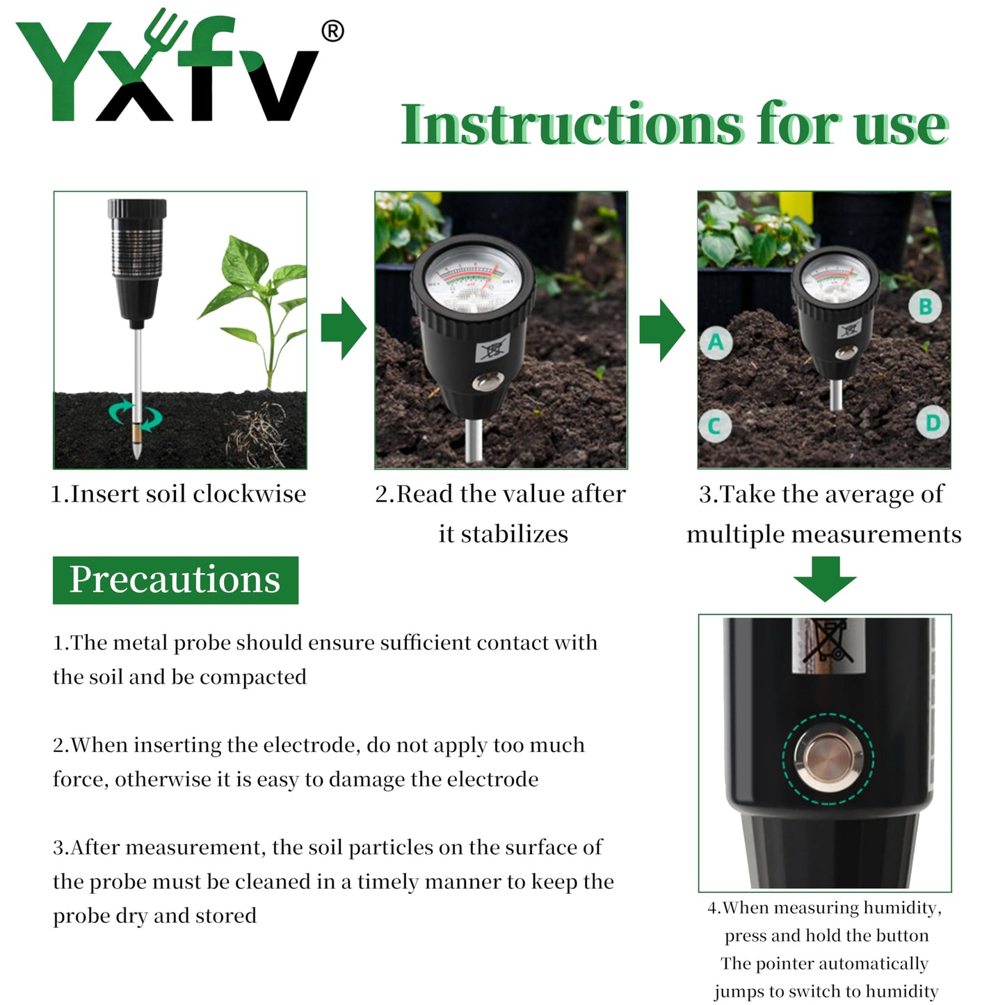 YXFV 2-in-1 Soil PH Tester Gardening Tool, Soil Moisture & Light Meter with Long 11.6’’ Probe, No Battery Needed, for Garden, Lawn, Farm, Indoor & Outdoor Plants Care