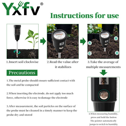 YXFV 2-in-1 Soil PH Tester Gardening Tool, Soil Moisture & Light Meter with Long 11.6’’ Probe, No Battery Needed, for Garden, Lawn, Farm, Indoor & Outdoor Plants Care