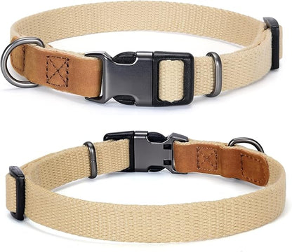 Mile High Life Genuine Leather Dog Collar, Soft Cotton Pet Collars with Heavy Metal Buckle for Small Large Dogs (Khaki, L Neck 17"-21")