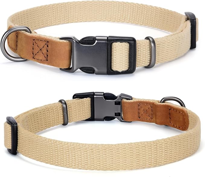 Mile High Life Genuine Leather Dog Collar, Soft Cotton Pet Collars with Heavy Metal Buckle for Small Large Dogs (Khaki, S Neck 11"-15")