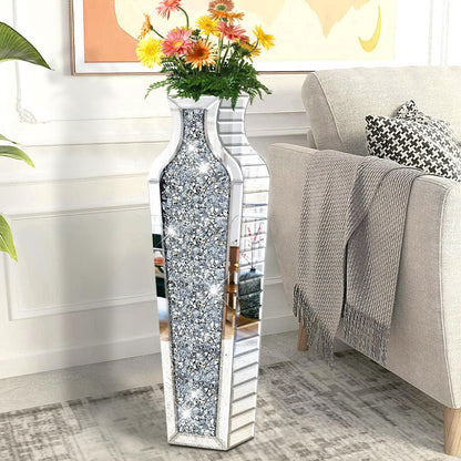 GA Home 27" Tall Crushed Diamond Floor Vase, Silver Large Vases for Decor Living Room, Crystal Mirrored Home Decor Vases for Dried Flower