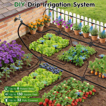 Quick-Connect Drip Irrigation System Kit, Irrigation Kit with Adjustable Nozzles, 2/5" & 1/4" Tubing, Automatic Watering System for Garden, Raised Beds, Greenhouse, Automatic Timer Compatible