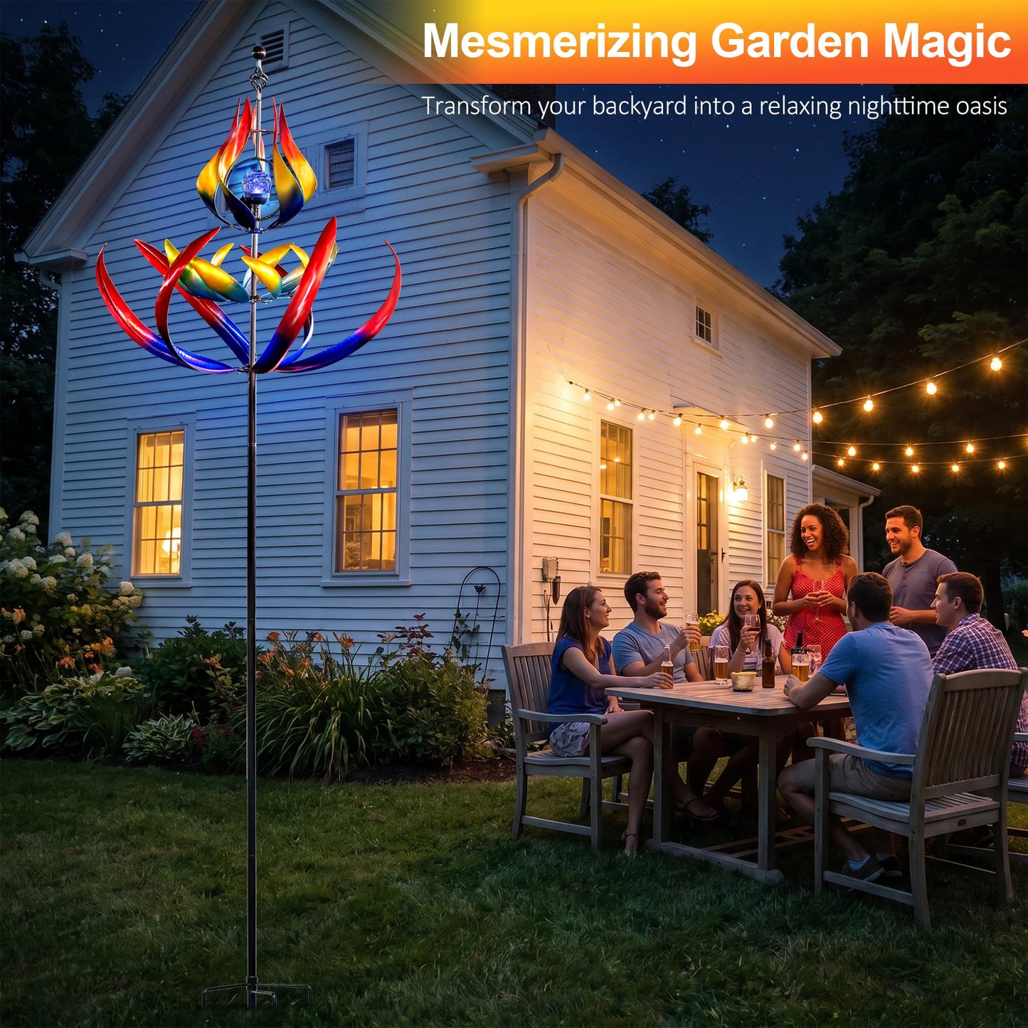 106" Solar Wind Spinners Outdoor Large Metal - Kinetic Wind Sculptures with Crackle Glass LED Globe, Heavy Duty Garden Decor for Outside Lawn Patio, Stable Stake Windmill Yard Art Gifts