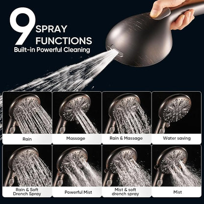 Cobbe 9-Function Shower Head with Built-in Power Spray, 1.8 GPM Water Saving ON/OFF Toggle Switch, High Pressure Handheld Showerhead with 1-Click Pause Button, Brass Bracket & 6ft Hose, ORB