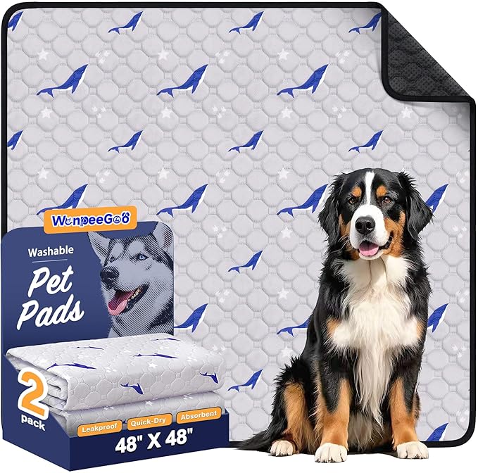 WanpeeGoo Washable Pee Pads for Dogs, 2Pack Reusable Puppy Pads, Super Absorbent & Leakproof Dog Pads, Anti-Slip Dog Pee Pads for Puppy Training & Incontinence, Dolphin Pattern 48"x48"